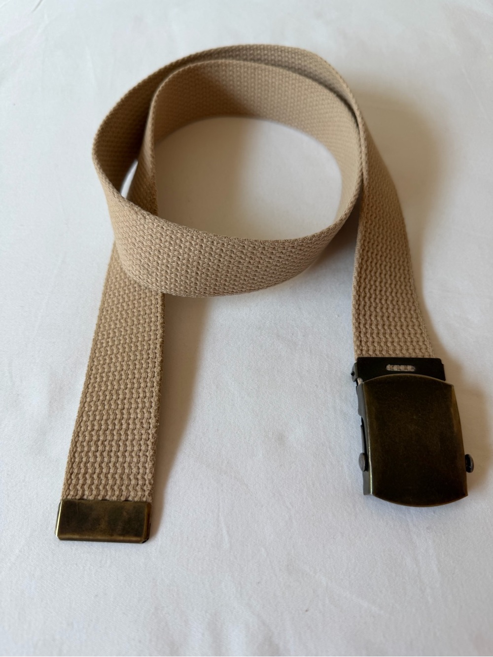 Vintage Khaki Colored Canvas Belt With Metal Slider Buckle Women’s Size Small